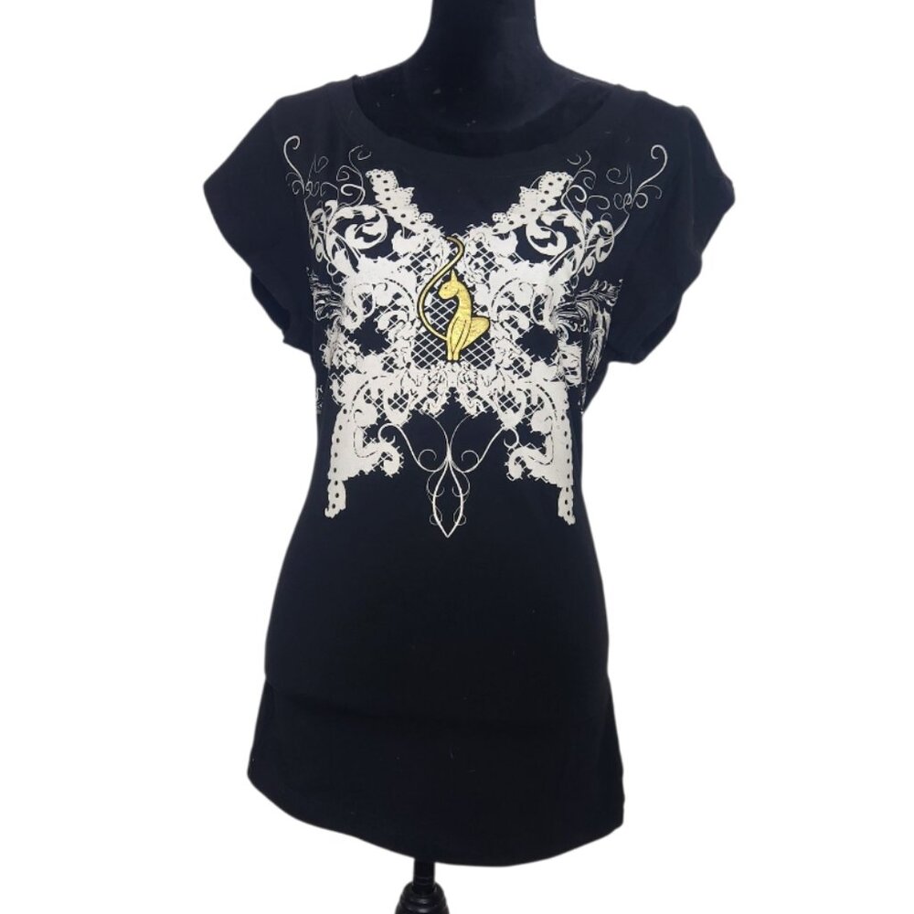 Vintage Y2K Baby Phat Black Gold Cat Logo Shirt Blouse